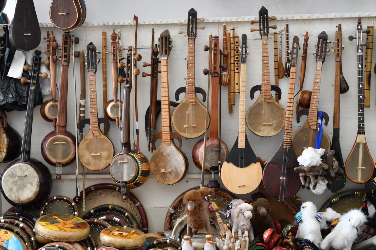 Traditional stringed instruments displayed for sale